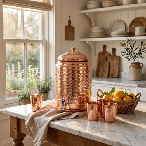 Handmade Hammered Copper Drinkware Set – Water Bottle with 6 Glasses