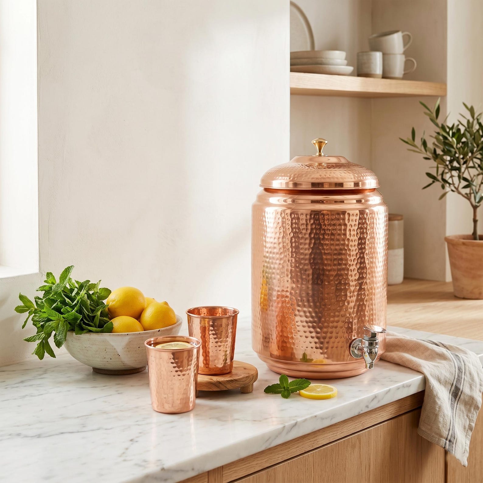 Handmade Hammered Copper Drinkware Set – Water Bottle with 6 Glasses