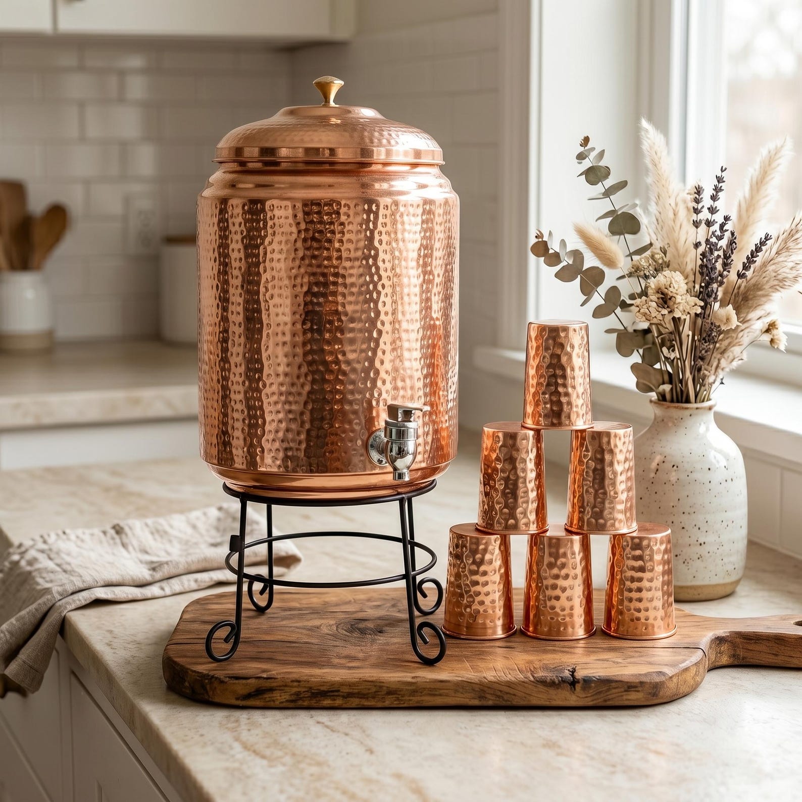 Handmade Hammered Copper Drinkware Set – Water Bottle with 6 Glasses