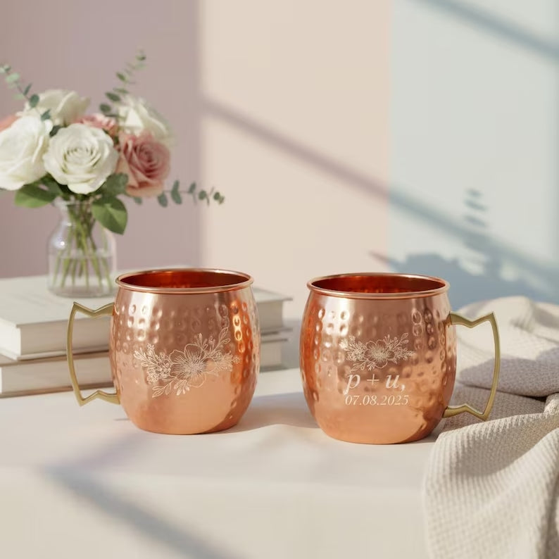Handmade Hammered Copper Moscow Mule Mug Set of 2 with Gold Handles