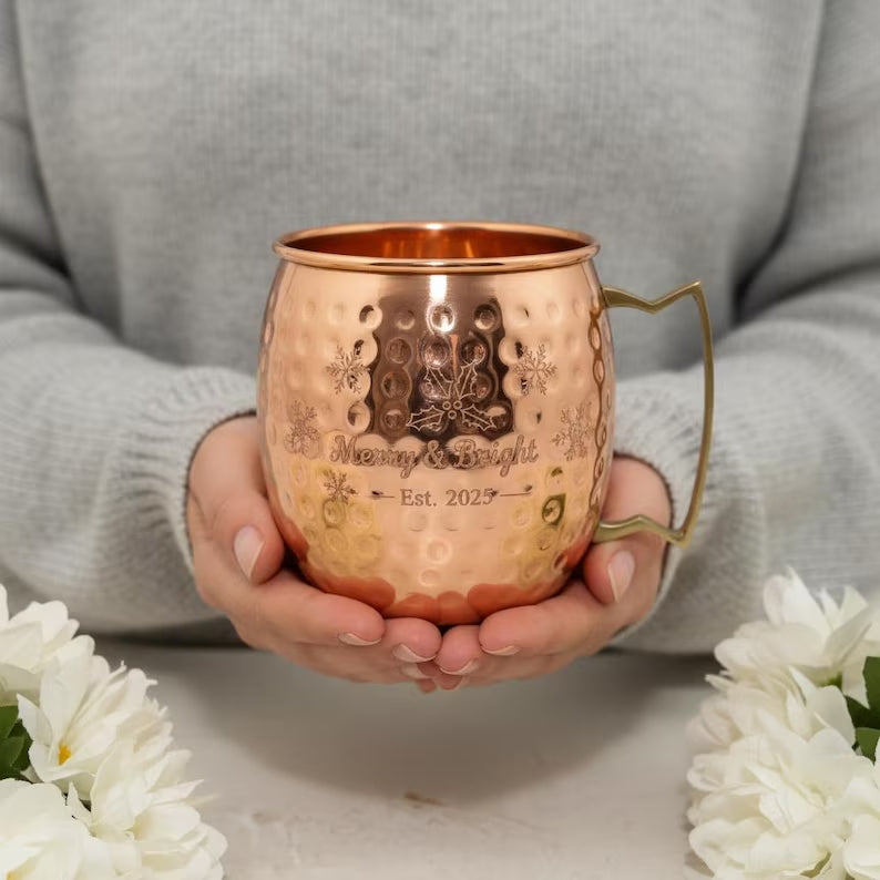 Handmade Hammered Copper Moscow Mule Mug Set of 2 with Gold Handles