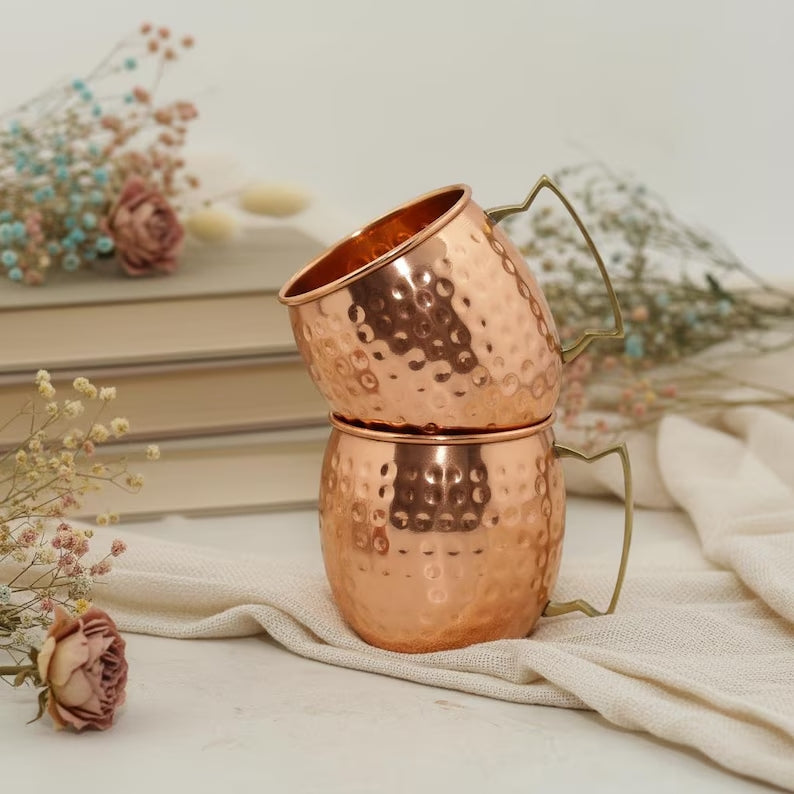 Handmade Hammered Copper Moscow Mule Mug Set of 2 with Gold Handles