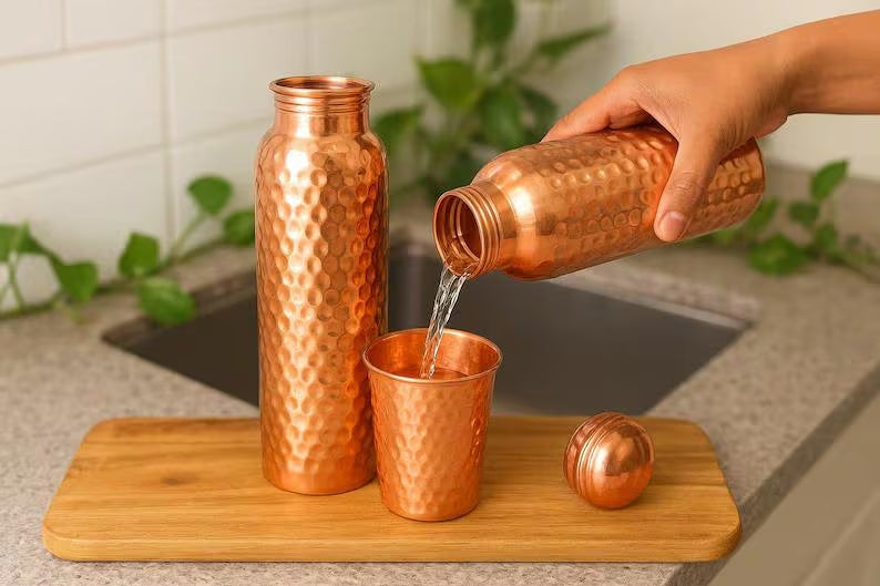 Handmade 100% Pure Hammered Copper Water Bottle – 1 L | Reusable Hammered Copper Bottle for Everyday Hydration