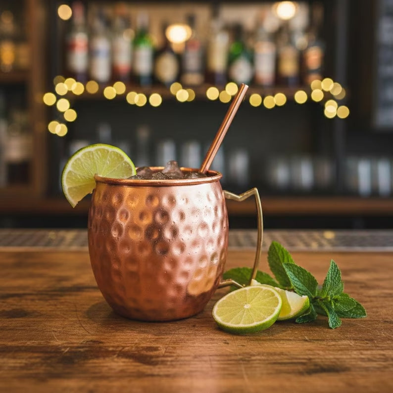 Handmade Hammered Copper Moscow Mule Mug Set of 2 with Gold Handles
